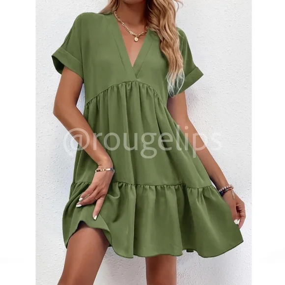 Army Green Short Sleeve Loose Fitting Mini Dress V-Neck Ruffle Flared Hem - Picture 6 of 7